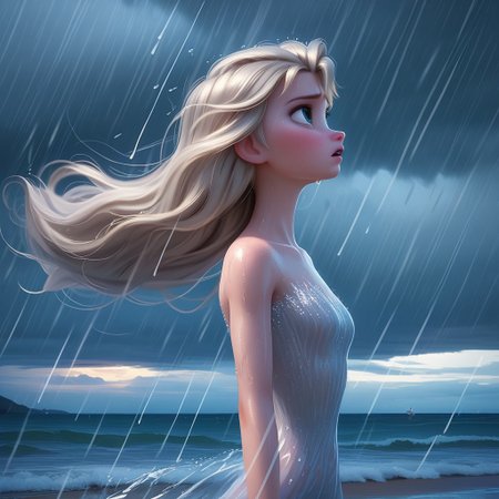 score_9, score_8, score_7, score_6, Elsa, 1girl, fFaceDetail, OverallDetail, beach, long hair, hair blowing in the wind, determined look, wet, tight silver dress, storm, windy, rain, at night, skinny