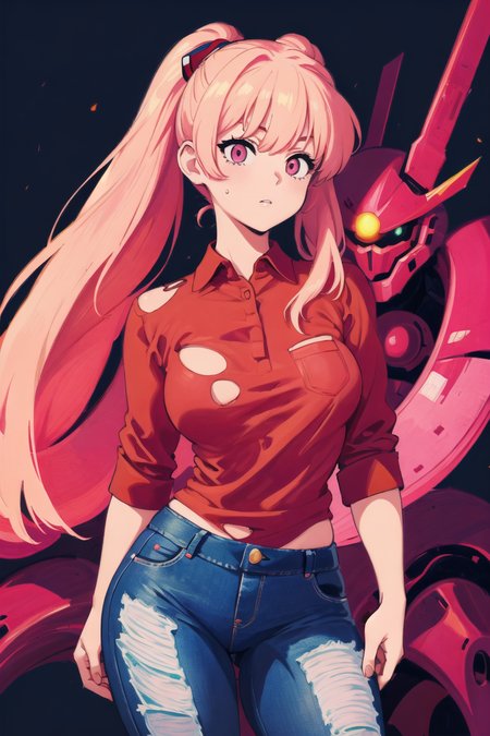 girl, (hotify,digital art,fit,hot body,instagram:1.2),(mecha:1.4), (Ancient,Dark Background:1.4),Thicc,Fat Breasts,(Playing Videogames),Long Hair,Pigtail,(pink Collared Shirt,scarlet Torn Jeans:1.3),neon genesis evangelion,Collar ,(masterpiece,detailed,highres:1.4) <lora:summer:1.0>