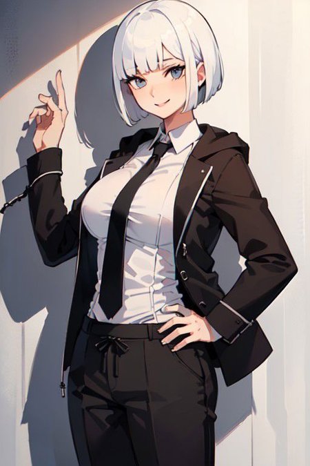 (best quality, masterpiece, detailed drawing:1.2), (official portrait, girl, pure white short haircut with full blunt fringe, in a business shirt, tie, trouser, under a black hoodie jacket, standing still by a wall, light proud smile:1.5), (mature body, extremely oversized large breasts:1.3), (cowboy shot, zoom-up:1.3),