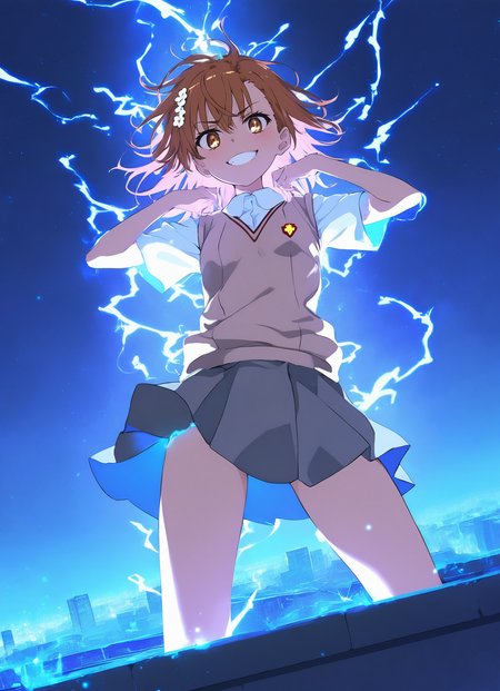masterpiece, best quality, amazing quality, ultra detailed, very aesthetic, high res, misaka mikoto \(toaru majutso no index\), solo, volumetric lighting, dynamic pose, dynamic angle, depth of field, light particles, electricity around body,  electricity, medium closeup, hip-level shot, light particles, grinning, delighted, outdoors, night, stars, wind effect, blue glow, cityscape, rooftop, skirt, shirt, school uniform, white shirt, short sleeves, pleated skirt, grey skirt, sweater vest, tokiwadai school uniform,
flowing hair,  <lora:XXX477:0.5> xxx667_illu, glowing,  <lora:NLSTN-IL:0.5> nlstn,