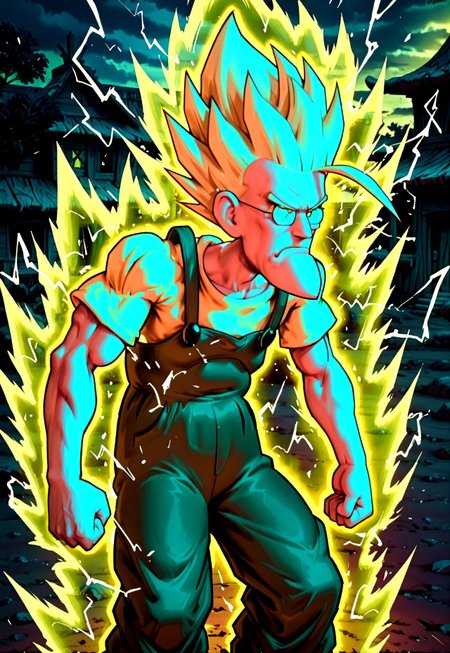 Masterpiece, absurdres, best quality, newest, 8k, cinematic, perfect lighting, anime style, solo focus, Eustace, Bagge, Green overalls, pointy chin, yellow shirt, glasses, grumpy expression, going Super Saiyan, (Super Saiyan spiky blonde hair:1.2), (extremely muscular:1.3), supersaiyanaura, power, aura, sharp aura, yellow aura, outdoors, detailed background, vivid effects, electricity