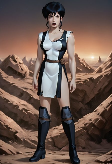 SCORE_9, SCORE_8_UP, SOURCE_FURRY, REALISTIC, SOLO, 1 FEMALE, BREAK, KERRIE STRAIN, BLACK HAIR, BROWN EYES, LIPSTICK, TORN DRESS, BELT, BOOTS, FULL BODY, SEXUALLY SUGGESTIVE, NIPPLE BULGE, BREAK, SCI FI BIO-DOME, OUTER SPACE HIGH RESOLUTION, VIVID TEXTURES, DETAILED PUPILS