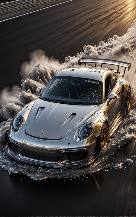 GOLD LIQUID METAL Porsche 911 RS3, race car, racing through SILVER LIQUID METAL, liquid metal sprays up from the cars tyres, Car drifting in a black void, UHD <lora:Liquid_Fluid_Metal_XL_-_By_DICE:0.7>