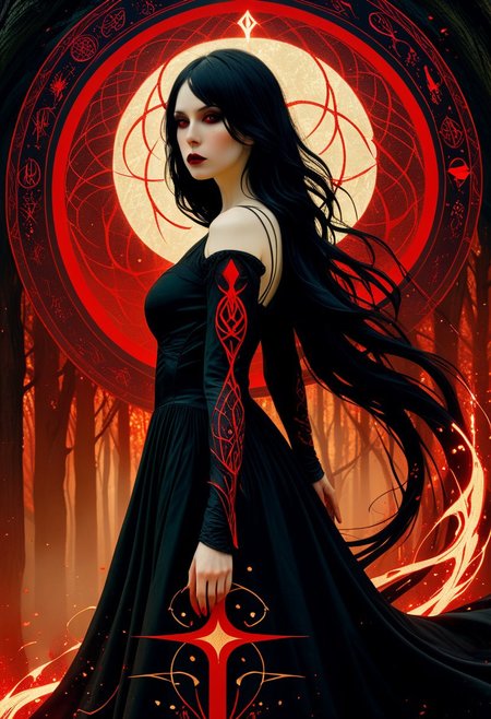 Silhouette Art, magnificent. female dark mage, long black hair, bangs, dark eyeshadow,  red lips, porcelain pale skin, imbued with a dark malevolent beauty, sexy black mage gown featuring arcane symbols embroidered in its fabric, closeup portrait, abstract red-tinged background suggesting a forest glade
BREAK
cinematic angle, unique perspective, dramatic lighting
BREAK
Release me in the fray
Your fever driven craze
Release me, devastatе
Let Hircine guide your way into thе bloodlust