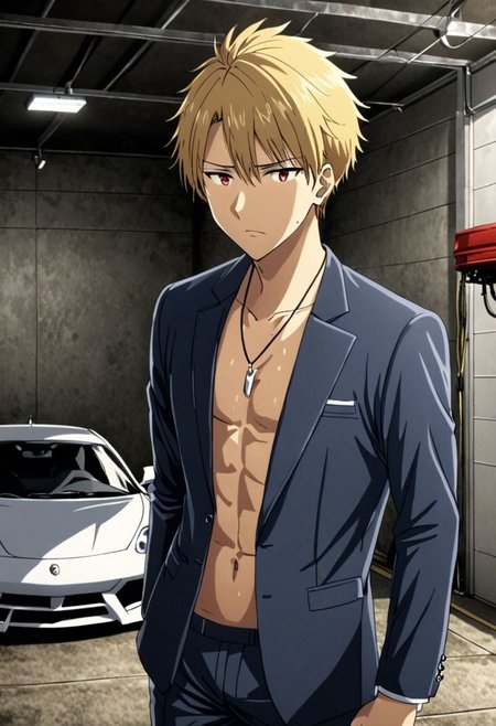 high resolution, solo, best quality, 1Boy, Yamato Ishida, Blond Hair, Necklace, lounge suit, hood, car garage, OverallDetail
