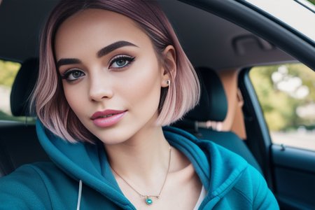 RAW photo, a 22-year-old-girl, upper body, selfie in a car, blue hoodie, (raecmbr-2650:0.9), (r4ec4mbr4:0.95), (1girl), (1 face), (1face) (realistic), (photo-realistic:1.5), inside a car, driving, lipstick, freckles, (short hair), multicolor hair, necklace, (RAW photo, 8k uhd, film grain), Sharp Eyeliner, Blush Eyeshadow With Thick Eyelashes, extremely delicate and beautiful, 8k, soft lighting, high quality, highres, sharp focus, extremely detailed, during the day, (sunlight on face), beautiful detailed eyes, extremely detailed eyes and face, masterpiece, cinematic lighting, (high detailed skin:1.2), 8k uhd, dslr, soft lighting, high quality, film grain, Fujifilm XT3