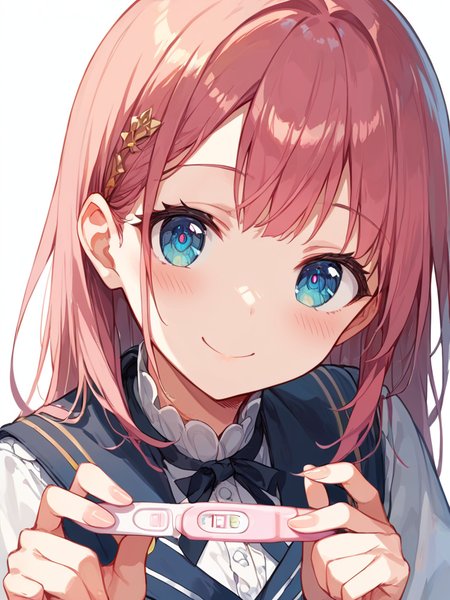 score_9, score_8_up, score_7_up,source_anime, high res image,masterpiece,best quality,girl,cute face,clear skin,shiny hair,ultra detailed eyes,simple background, <lora:Pregnancy test_pony_V1.0:0.9> pregnancy test, holding,smile, blush