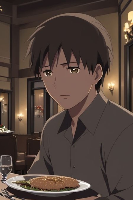 high resolution, solo, best quality, 1Boy, Takaki Toono, Brownish Hair, Brown Eyes, dating, romantic, dinner, OverallDetail