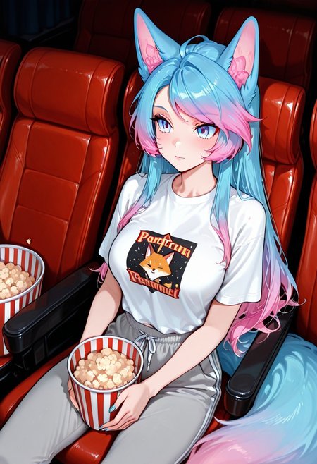 masterpiece, best quality, good quality, very aesthetic, absurdres, detailed eyes,
BREAK
silvervale, fox ears, tail, gradient hair, multicolored hair, blue hair, pink hair, blue eyes, medium breasts,
BREAK
t-shirt, sweatpants, 
BREAK
movi3theater, sitting, red seats, dark room, popcorn,
BREAK
detailed background, colorful,