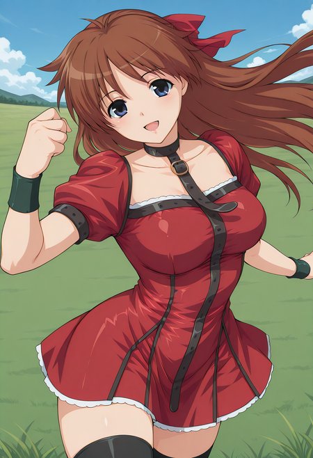 mutou_megumi, blue eyes, brown hair, long hair, choker, hair ribbon, wristband, collar, red dress, black thighhighs, zettai ryouiki, <lora:mutou_megumi_illustrious_ver1:0.8> 
smile, open mouth,, masterpiece, best quality, sensitive,, 1girl, solo, blue sky, (grasslands:1.2), looking at viewer,, (cowboy shot, dynamic pose:1.4),