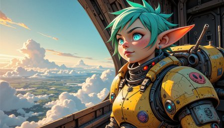 A close-up perspective captures the intimate detail of a diminutive female goblin pilot perched atop the massive shoulder plate of her battle-worn mech suit, her vibrant teal mohawk and pointed ears silhouetted against the blinding daylight pouring in from the cargo plane's open loading ramp as she gazes with wide-eyed wonder at the sprawling landscape thousands of feet below. Her expressive face—featuring impish features, a smattering of freckles across mint-green skin, and cybernetic implants that pulse with soft blue light around her left eye—shows a mixture of childlike excitement and tactical calculation, while her small hands grip a protruding antenna for stability, her knuckles adorned with colorful band-aids and her fingers wrapped in worn leather straps that match her patchwork flight suit decorated with mismatched squadron badges and quirky personal trinkets. The mech's shoulder beneath her is a detailed marvel of whimsical engineering—painted in weather-beaten industrial colors with goblin-face insignia, covered in scratched metal plates that curve protectively around its pilot, and featuring exposed power conduits that glow with warm energy—while just visible in the frame is part of the mech's helmet with its asymmetrical sensor array and battle-scarred visage, both pilot and machine bathed in the dramatic contrast of the cargo bay's shadowy interior lighting against the brilliant sunlight streaming in from outside. Beyond them through the open ramp, the curved horizon of the Earth is visible as a breathtaking backdrop—a patchwork of distant landscapes, scattered clouds catching golden light, and the barely perceptible target zone marked by tiny lights far below—all rendered in a painterly, storybook aesthetic that emphasizes the contrast between the tiny, fearless pilot and the incredible adventure that awaits beyond the safety of the aircraft.