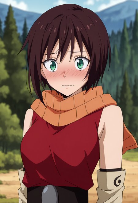 anime screencap, masterpiece, best quality,
<lora:TenSura_Souka_IlluXL:0.9>,
1girl, solo, wavy mouth, nose blush,
short hair, brown hair, green eyes,
orange scarf, red shirt, detached sleeves, black belt,
standing, looking at viewer, portrait,
blurry background, outdoors, mountains, scenery, forest, blue sky