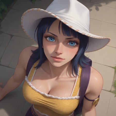 score_9, score_8_up, score_7_up, score_6_up, score_5_up, score_4_up, robinskypiea, yellow tank top, armlet, fringe trim, purple pants, brown belt, white cowboy hat, hand on hat, purple backpack, black hair, medium hair, blue eyes, looking at viewer, from above, three quarter view, source_anime, <lora:RobinSkypiea_v3:1>