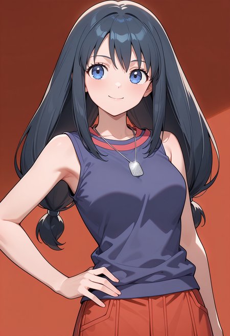 masterpiece, best quality, very aesthetic, absurdres, 1girl, solo,
<lora:may_wong_v02:0.9>, may_wong, may_casual1, black hair, long hair, low-tied long hair, twintails, blue eyes,
blue sleeveless shirt, dog tags, red skirt, smile, hand on own hip, upper body