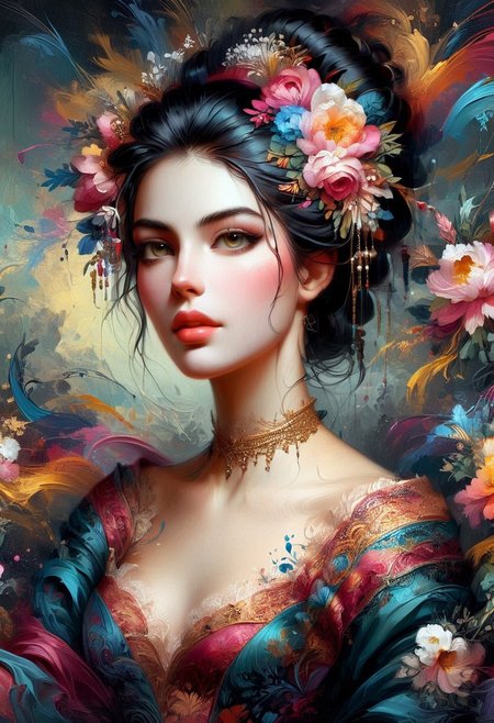 A captivating oil painting featuring a woman with dark hair, elegantly swept up and adorned with delicate flowers and ornaments.  inkbaroque. Mysterious woman, dark hair elegantly styled, adorned with delicate flowers, ornaments, abstract interpretation, vibrant colors, flowing lines, intricate details, digital illustration, high resolution, focus on facial expression, artistic flair, unique composition, dark background, FFROA