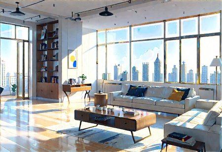 ((front view)), (Close-Up View), (Rule of Thirds), (Golden Ratio), ((animation style)), modern-style interior, white walls, ((large windows)), wooden floor, a  study, Sofa, coffee table, bookcase, single wall, 
warm light morning sun, (((City high-rise building scenery))), (((clear sky)))
