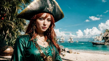 (young redhead pirate woman), (portrait), sharp focus, (ultradetailed), (standing), (happy) smile, pirate (ship galleon:1.2,  hoop earrings, gold medallion, Emerald Greenpirate clothes, pirate hat, hips, (pirate parrot:1.2),  pirate (village), leafy beach coast, (treasure chest with coins, gems and jewels:1.2), rum barrel, best quality masterpiece,  bright sunny sky, backlight, natural lights, high contrast, hdr, shadows, pretty, beautiful, feminine, sexy, adorable, lovely, in love, (PirateDiffusionprt:0.5),  <lora:Pirate:0.3>  PrateT  <lora:PirateRealms:0.3> <lora:Detail Tweaker LoRA add_detail:0.8> <lora:depth_of_field_slider_v1:5> <lora:SDXLrender_v2.0:0.9>