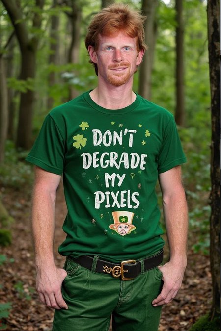 men leprechaun on a forrest wearing with a shirt that reads "Don't degrade my pixels"