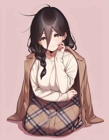 masterpiece, best quality, amazing quality, simple background,
1girl, solo, full body, 
<lora:sumi_ayane-tonari_no_ayane_san-ixl-manga-soralz:1>, sumi ayane (tonari no ayane-san), long hair, hair between eyes, single braid, hoop earrings,
jacket on shoulder, long sleeves, sweater, plaid skirt, black hair, brown eyes