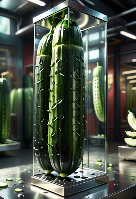 a magnificent floating cucumber made up of Jed-Steel, inside a glass case, a sex shop interior in the background