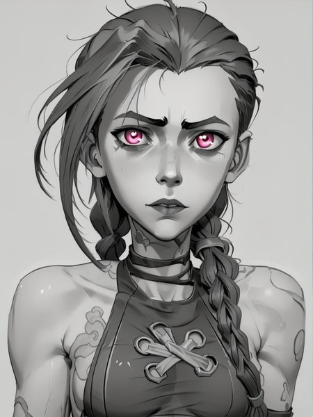 score_9, score_8_up, score_7_up,  score_6_up, BREAK, Sk3tch, sketch, monochrome, <lora:Sketch:1> 1girl, j1nx, pink eyes, looking at viewer, chocker, long twin pigtails, tattoo <lora:JinxPDXL:0.8>