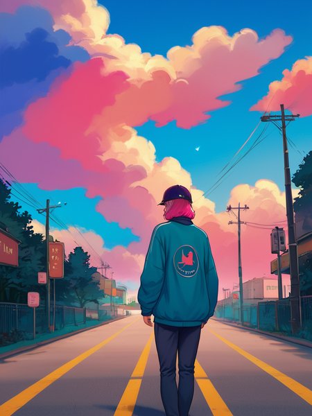 PDXL,  <lora:WaccaV1:1>, w4cc4, volumetric reflections, volumetric shadows, HDR, shot on Canon DSLR,
1girl, standing on a road, colorful tornado in the distance,  night sky, blue, viewed from behind