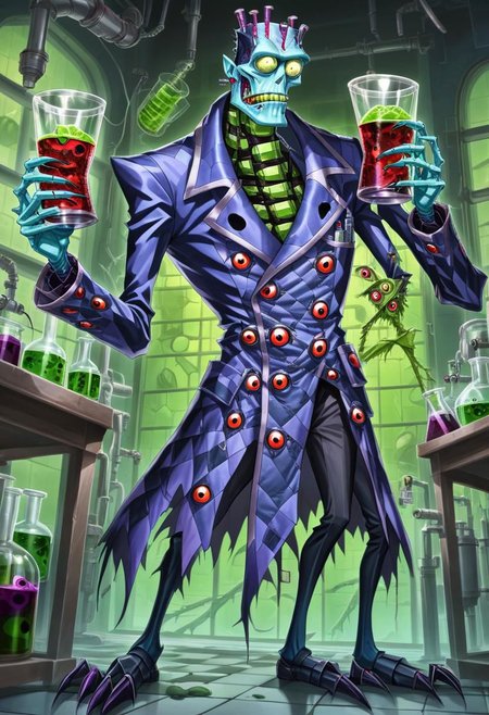a skinny fleshmutant frankenstein's monster covered in eyes holding a beaker inside of a laboratory,patchwork creature,patchwork skin,full body,2d,anime
