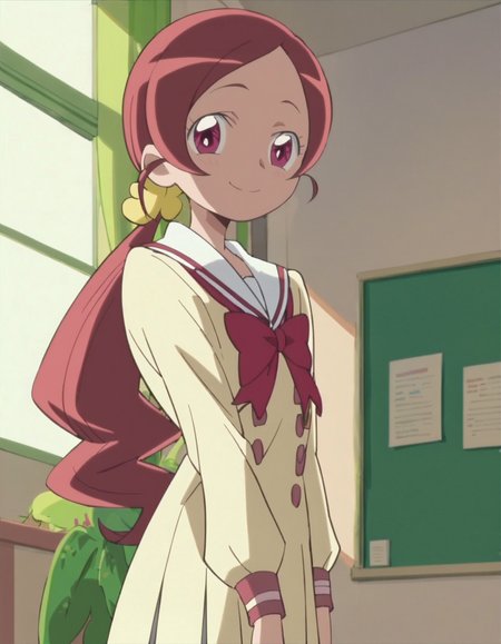 score_9, score_8_up, score_7_up,1girl,solo, anime screencap,hanasakitsubomi, 1girl, school uniform ,cowboy shot,low twintail,long hair,looking at viewer,smile,blush<lora:hanasakitsubomi:0.8>