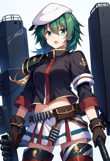 score_9, score_8, score_7, source_anime, kiso (kancolle), cowboy shot, open mouth, belt, armor, white headwear, standing, machinery, turret, weapon