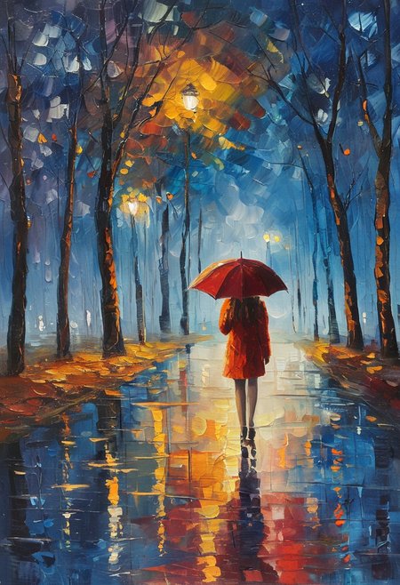 masterpiece,best quality,<lora:tbh438-sdxl:0.8>,illustration,style of Leonid Afremov
 Woman with dark hair, long red winter coat, large blue umbrella walking alone on a rainy night at the Park in november.