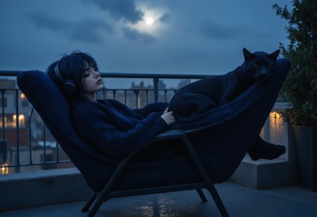 1girl, eyes closed, wearing headphone, black sweater, black pajama, black socks,  resting in resting chair, roof top, side view, ((a black cat sleeping in lap)), ((a black dog sleeping near chair)), railing in background, blue moon amongst dark clouds, a tree outside near railing,  FictionalOpal, alternative girl with messy navy blue hair, DarkAtmosCE style, highres, realistic, fhd, widescreen, moonlight,
