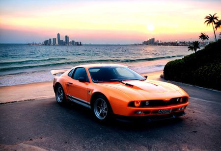 ((ClassicSportsCar )), 80´s sport car,  gleaming orange Ford Mustang Boss, palm trees, seaside, cityscape, at dawn, neon lights, 4K, highly detailed, (((stylish grainy analog 35mm film photo))), ClassicSportsCar, mad-vprwv