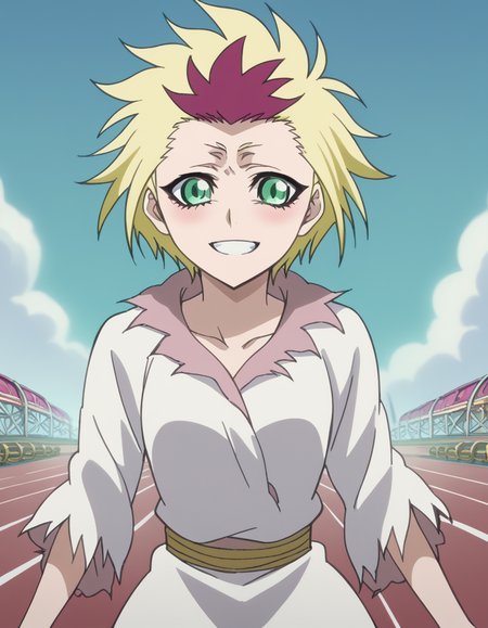score_9, score_8_up, score_7_up, source_anime, <lora:bleach-homura-movie3-ponyxl-lora-nochekaiser:1>, homura, short hair, blonde hair, green eyes, red hair, multicolored hair, two-tone hair, anime screencap,, torn clothes, long sleeves, collarbone,, roller coaster, tracks, speed, fun, thrill, smile, <lora:finger-heart-ponyxl-lora-nochekaiser:1>, finger heart, heart, blush, smile,, looking at viewer, solo,, dutch angle, cowboy shot