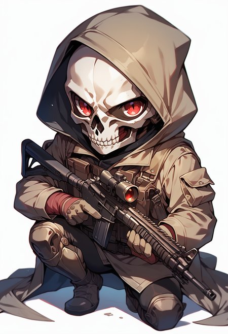 (score_9, score_8_up), score_7_up, chibi, cute, red eyes, simple background, red eyes, gloves, 1boy, white background, holding, weapon, male focus, hood, holding weapon, gun, mask, squatting, holding gun, cloak, rifle, skull, pouch, assault rifle, one knee, skeleton, trench coat, skull mask
<lora:warcore-000011:0.9>