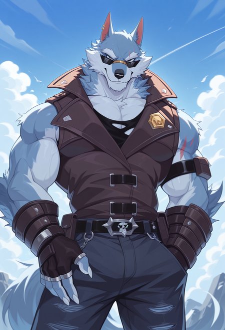 masterpiece, best quality, amazing quality, solo, 1boy, FreddyDL, Sunglasses, vest, pants, fingerless gloves