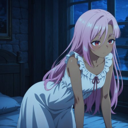 masterpiece,best quality,amazing quality,very aesthetic,absurdres,newest, huge filesize,
<lora:spo_sdxl_10ep_4k-data_lora_webui:0.5>,
BREAK
girl, dark skin, pink hair, long hair, red eyes, single sidelock,<lora:Liz_nageki_illus_v2_r1:0.9>, 
collarbone, nightgown, frilled dress, white dress,dark, night, medieval, indoors,
