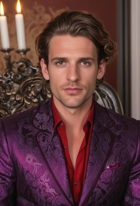 30yo English man, in lavish throne room,
Small eyes. Brown eyes.
Wearing dark purple brocade suit with red highlights, wearing a silver circlet, no makeup. Clear skin.  realistic skin style
wavy short hair. No makeup. Dusk, fire light. Looking at camera POV. Slight smile, tilting head. Tilt head. face, lips.
cowboy shot