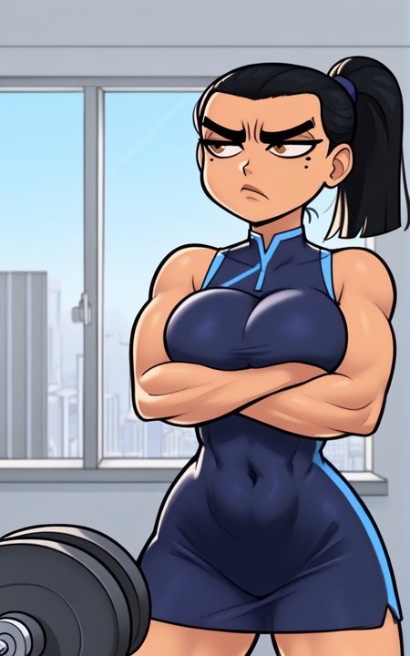 best quality, absurdres <lora:BolivanteStyleITS:0.8>,  <lora:ETDITS:0.8>, ETDITS, dark blue dress, short dress,sleeveless, skin tight, sportswear, ponytail, black hair, mole under eye, mole, brown eyes, breasts, large breast, unibrow, thick eyebrows, annoyed, slim, inside,solo,annoyed,slim, exercise, weightlifting, window, city, crossed arms, arms under breasts