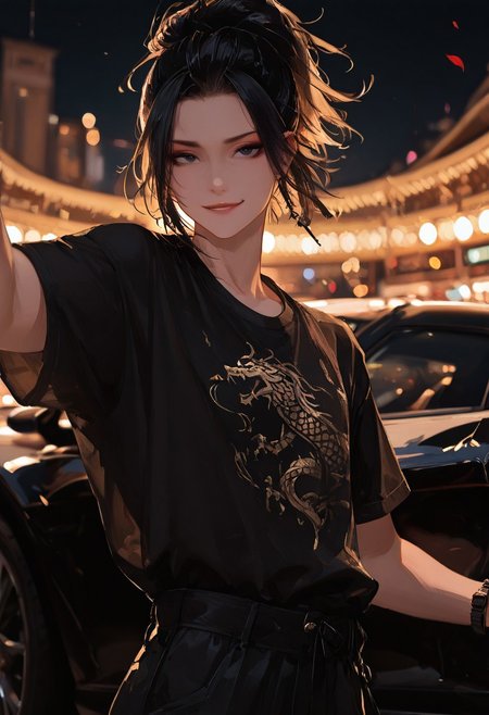 masterpiece, best quality, good quality, very aesthetic, absurdres, 
newest, 8K, depth of field, focused subject,visual storytelling,dynamic composition,
close up, stylized, scenery, bokeh,blurred background, 
Black Myth Wukong, male sun wukong, 
chinese mythology,( dynamic pose:1.3), smirking face,
upper body focus,
casual clothes, wearing luxurious black jeans and luxurious black tied t-shirt with gothic design, expensive black watch
windblown hair, 
mythic scale, sakura petals, mystic mist, 
cinematic composition, backlighting, volumetric light, vegas city scene, symbolic environment, god-tier illustration,(sketch:1.3), taking a selfie in front of a black lamborghini aventador with spoiler and body kit (car is black, chrome carbon fiber details, chrome rims), night scene under the moon, in front of a luxury casino