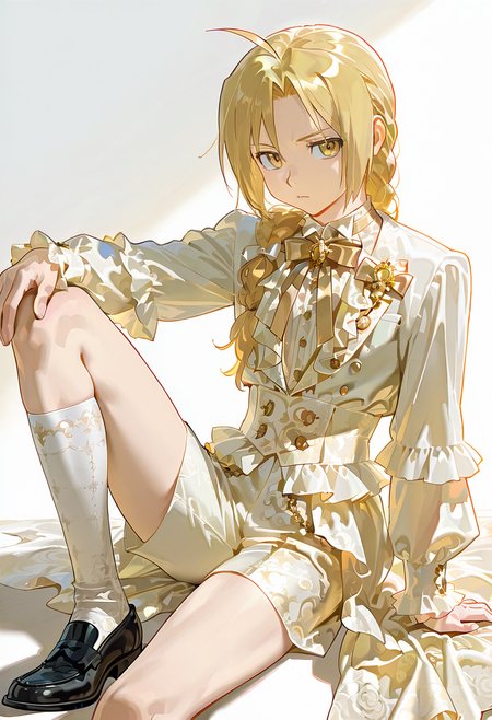 1boy, solo, champagne prince outfit, shorts, dress, white dress, kneehighs, bow, black footwear, edward_elric, sitting