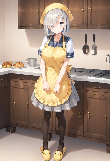 standing, full body, kitchen,  <lora:KC_01DD_hamakaze_pony-000032:1.0> hamakazekc, grey hair, hairpin, short hair, bangs, hair over one eye, blue eyes, large breasts,           hamakazedefkc, serafuku, white shirt, grey skirt, miniskirt, yellow apron, head scarf, short sleeves, brown pantyhose, yellow slippers,, score_9,score_8_up, score_7_up, source_anime, masterpiece, best quality,  official art, official style, game cg, megami magazine, rating_safe, rating_questionable, NEGATIVE_HANDS,  <lora:DetailedPerfect_hands_r1:1>