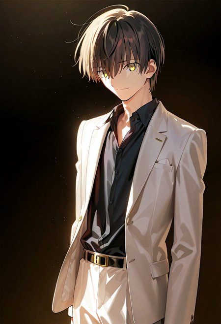 ((masterpiece, best quality, amazing quality, very aesthetic, absurdres)), 
Takeuchi takashi, ((solo)), calm, smile, closed mouth, 1boy, solo, peaceful, closed mouth, slim_build (((yagami_light face))), (((black hair, yellow eyes))), ((short hair, hair between eyes)), (((white suit, open suit, black shirt, collared shirt, black slacks))), no background, dark background, sideshot, cowboy shot, dark background, portrait,