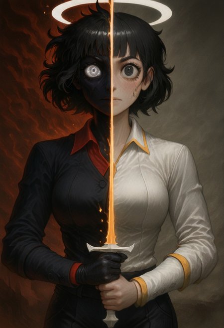 masterpiece, best quality, newest, absurdres, highres, 
DUSV1.0, split screen, split theme, dual persona, transformation, dark persona, holding sword, sword, holding weapon, holding, weapon,
1girl, azazel (helltaker), short hair, black hair, halo, white shirt,
