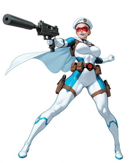 solo, (full body shot, wide shot:1.2), 1girl, (30 year old Russian woman:1.2), beautiful female cyborg spy, fair skin, (white with light blue accents superhero bodysuit with armor padding:1.3), white body armor vest, thigh pistol holsters, white cloak, white military beret, cyborg, cybernetic seams, utility belt, blue eyes, epic red visor, long blonde hair, hair bun, white arm length gloves, slim waist, (toned body:1.1), (large breasts:1.2), wide hips, ultra detailed face, (blue lips:1.2), confident closed mouth smile, strong jaw line, white thigh high superhero boots, (shooting a uzi-pistol machine pistol with a suppressor:1.2), white background, (dynamic pose, dynamic composition, dynamic angle:1.2), digital painting, masterpiece, best quality, very awa, absurdres, 8k, comic art style,  <lora:NOOB_vp1_detailer_by_volnovik_v1:0.6> <lora:noobai_vpred_1_aqm_complete_v3:0.3> masterpiece, best quality, very aesthetic <lora:HyperdetailedColoredPencilIl:0.3> ArsMJStyle, Colored pencil hyperdetailed realism <lora:ponyv6_noobE11_2_adamW:0.3> <lora:illustriousXL_stabilizer_v1.7:0.4> <lora:Comics_IllustriousXL_Lora:0.3> C0M1C5 Style <lora:Superhero_Aesthetic_Illustrious:0.3> SUP3RH3R0 Style, comic art style, <lora:Carlos GomezStyleilluLYCO:0.3> cgstyle, (borderless), <lora:ppw_v7_Illuv1.0_1_r2:0.2>, <lora:anatomy_helper:1> <lora:Uzi_-_Machine_Pistol:0.5>, uzi-pistol