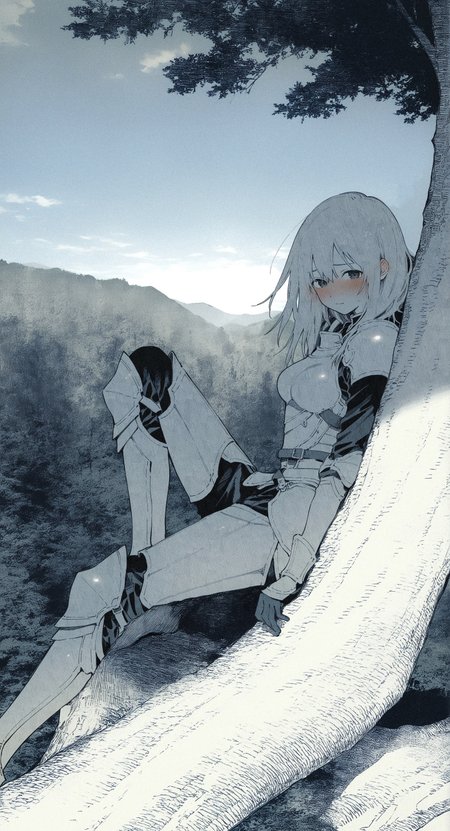 (linear hatching, hatching \(texture\),:1.3)  textured sketch, (by maki keigo:1.2), 
1girl, armor outdoors, forest, shy, medium breasts, blush, full body, looking at viewer, averting eyes, detailed background, sky, textured, scenery, cinematic, leaning against tree,  from side, sideways, knee up, leaning to the side, 
masterpiece, best quality, amazing quality, very aesthetic,
<lora:nhl-004:0.9>  nhl-004,