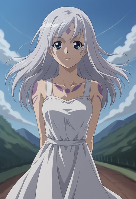 <lora:Yukina-Girls_Bravo:0.8>,1girl,solo,Yukina,blue eyes,white hair,long hair,facial mark,forehead mark,anime coloring,
sundress, cowboy shot, day,tattoo,outdoors,wind,smile,arms behind back,