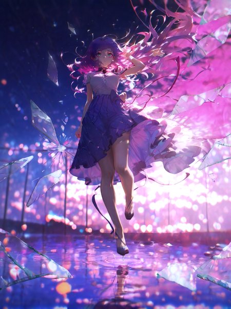 masterpiece,best quality,solo,(solo focus:1.4),(solo:1.2),1girl,(Full body Shot:1.1),detailed background,dramatic lighing,cinematic still,very dark skin , shaved sides hair, two-tone hair, purple hair , Multicolour iris, round shaped eyes , dark green eyes , realistic eyes, detailed eyes , looking at viewer , straight on , medium breasts,pink eye makeup,pink eyeshadow,multicolor background,colorful,at night,clothing in wind,hair in wind,[magical girl, dress | goth, gothic dress],<lora:BrokenGlass_illusXL_Incrs_v1:1.1>,glass shards,reflection,broken glass,full body shot ,jumping, freeze frame, mid air, jumping straight up ,ripples,galaxy,neon lights,film grain,particles,blurry background,bokeh background,stars,realistic,jewelry,featured on pixiv,<lora:ChamIllustriousBackgroundEnhancer:0.8>,<lora:UK shiny_skin1v_ILXL:0.7>,shiny skin,<lora:konyakarasuelokr_for_illustrious-000126:0.9>,
