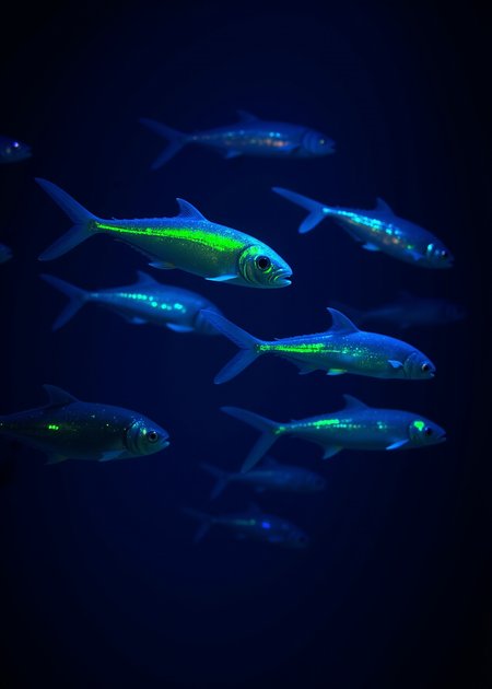 A school of glowing fluorescent mackerel fish, their bodies shimmering with vibrant glowing iridescent hues, gracefully glides through the crystal-clear dark blue water. Their sleek forms, elongated and streamlined, move in perfect synchronicity, creating a mesmerizing spectacle of movement and light. The fish's scales glow and shimmer with shades of blue, green, and silver, creating a vibrant display of color against the dark blue backdrop of the dark ocean depths.
The water, devoid of any impurities, offers an unobstructed view of the fish, their every movement and detail visible with astonishing clarity. Each fish, with its distinctive markings and individual personality, contributes to the overall beauty and complexity of the scene. The school moves as one, a fluid and coordinated entity, their collective presence creating a sense of awe and wonder.
The contrast between the fish's brilliant luminescence and the black background creates a stunning visual effect, as if the fish are illuminated from within.  
<lora:zavy-flrscnt-fxl:0.666> zavy-flrscnt, 
 <lora:CosmicStyleFLUX:0.222> CosmicStyle,  <lora:Opal_Fantasy_Flux:0.444> glowing opal fantasy, made of opal, opalescence,  <lora:fluxenhancer:0.111> <lora:ImageUpgraderV2:0.111> detailmaximizer,
