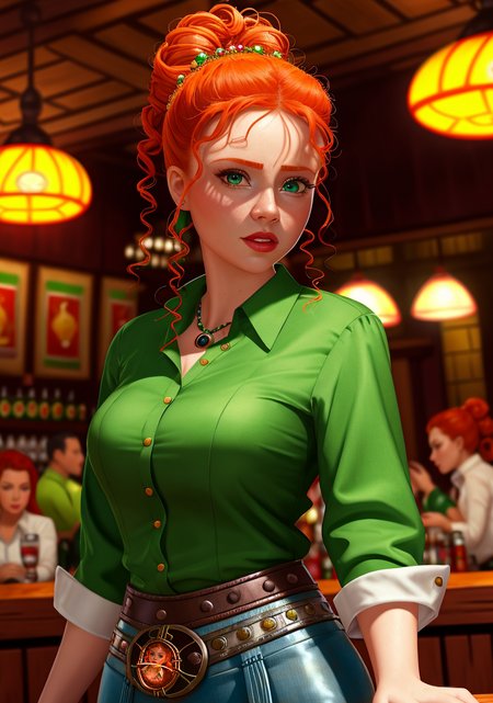 sexy senorita mexican western RPG character painting ginger hair upsweep updo emerald button shirt at a cantina sitting bar tequila
(masterpiece:1.4) (best quality:1.4) (8k) (HDR) (wallpaper) (cinematic lighting) (sharp focus) (intricate) (CherryNobodySD15:1.0)