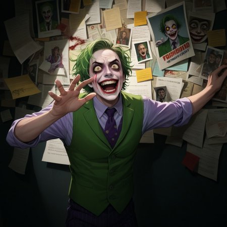 score_9, score_8_up, score_7_up, (PepeSilviaMeme), paper, (hand against wall),  PEJoker, joker, joker makeup, green hair, terrified, crazy smile, green vest, violet polo, bloody